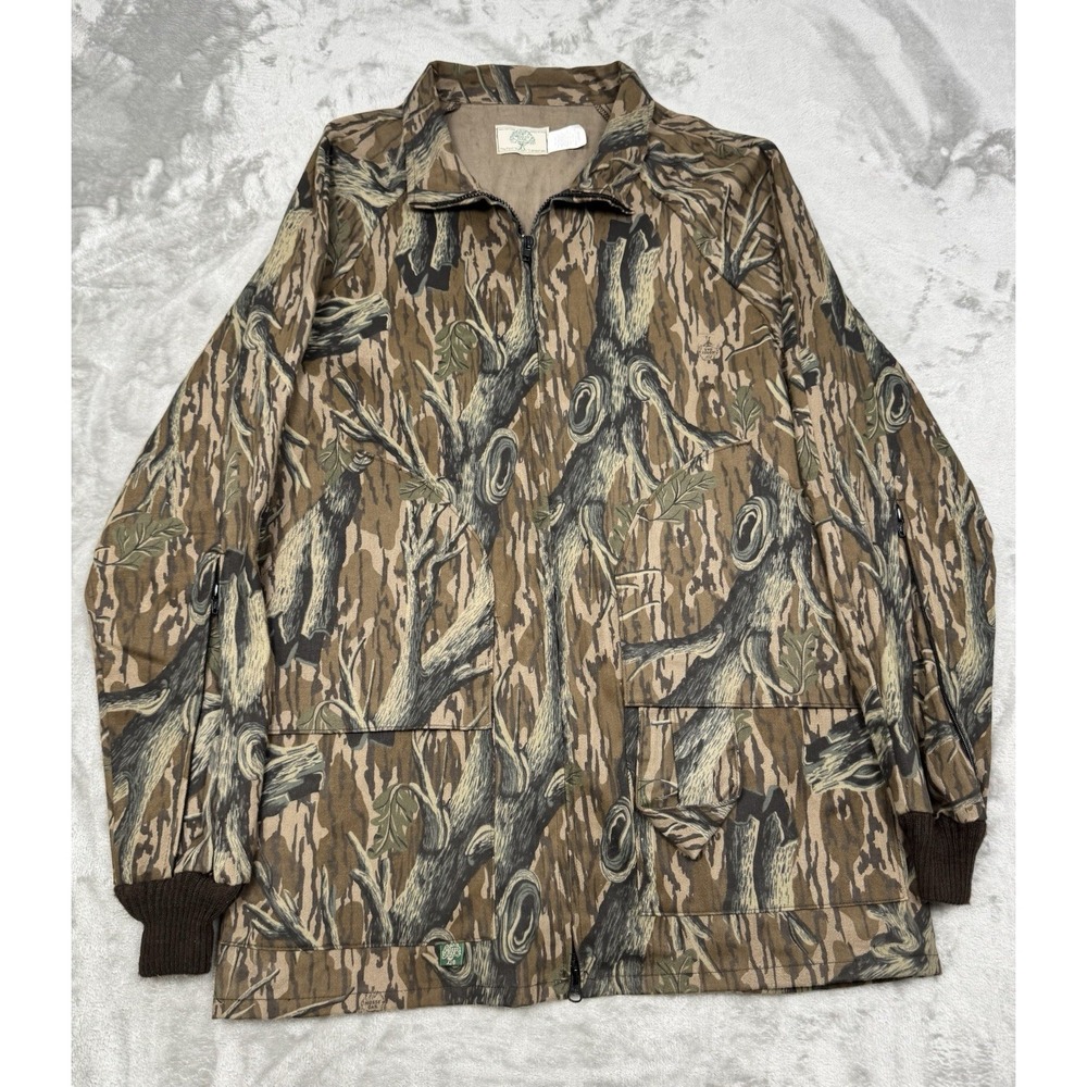 Vintage 80s Mossy Oak Treestand Camo Jacket Mens XL 2 Pocket Gear Loop Long Coat